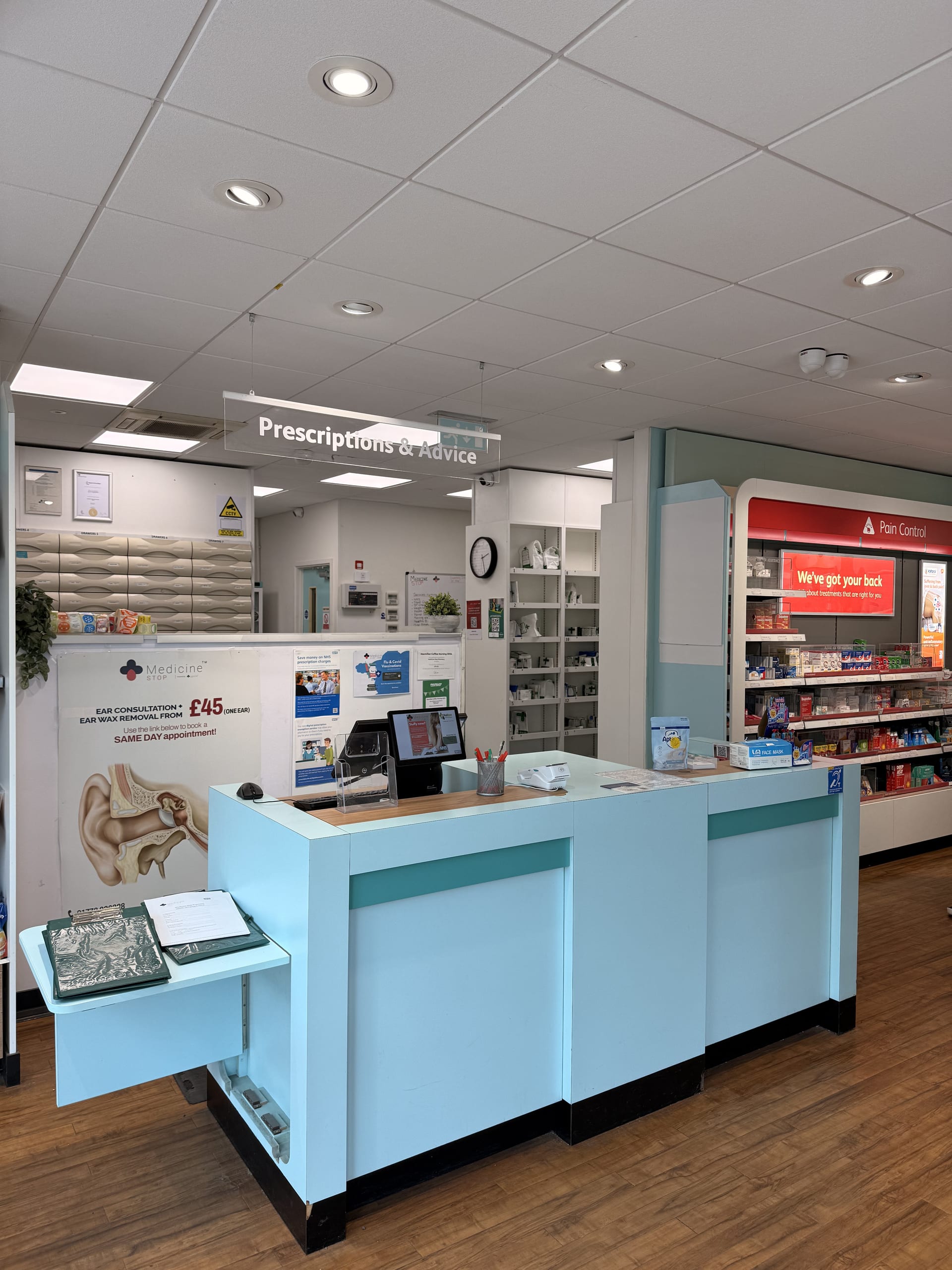 The prescriptions and advice counter inside Medicine Stop.