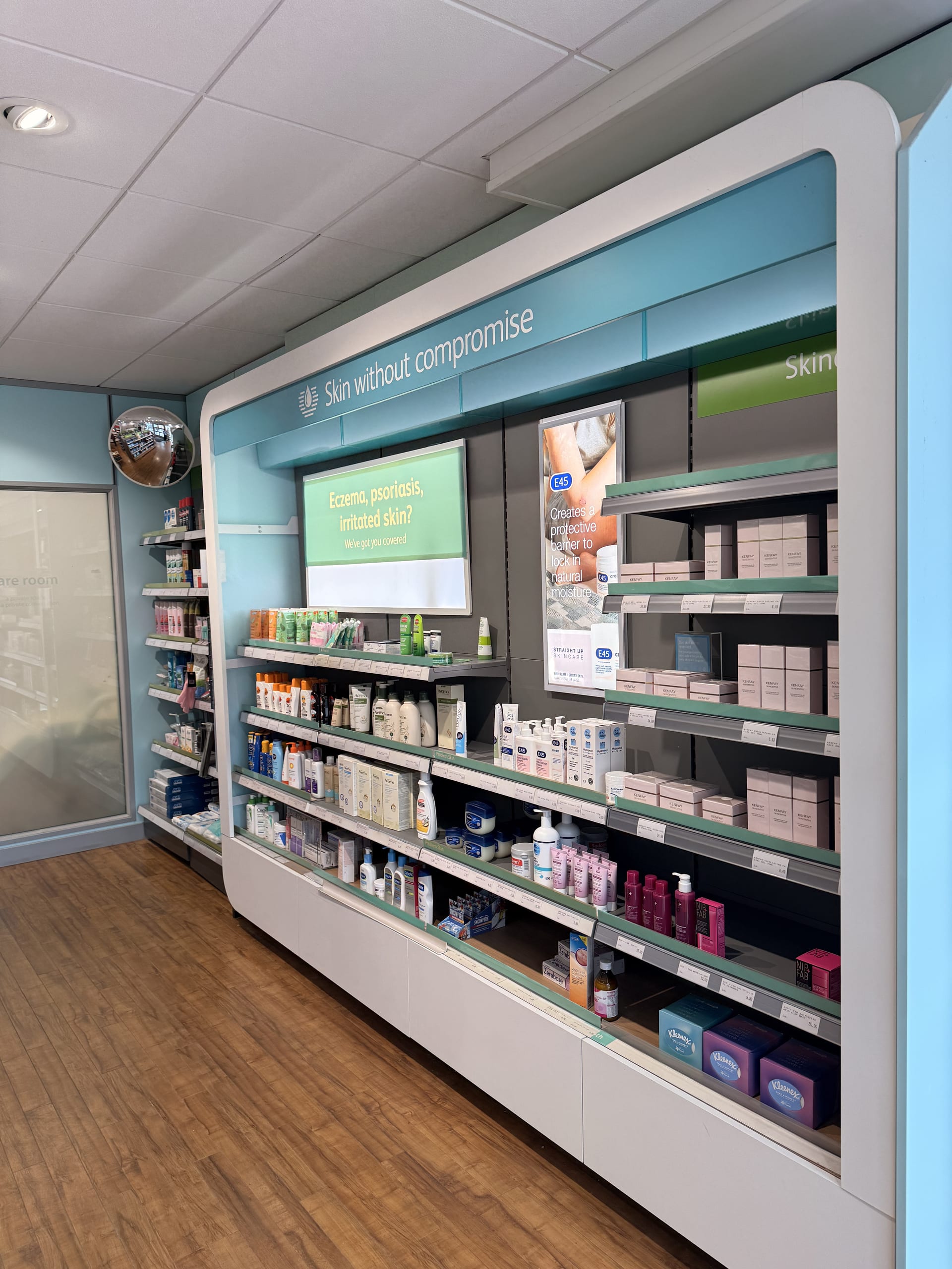 Skincare and self-care shelves inside Medicine Stop.