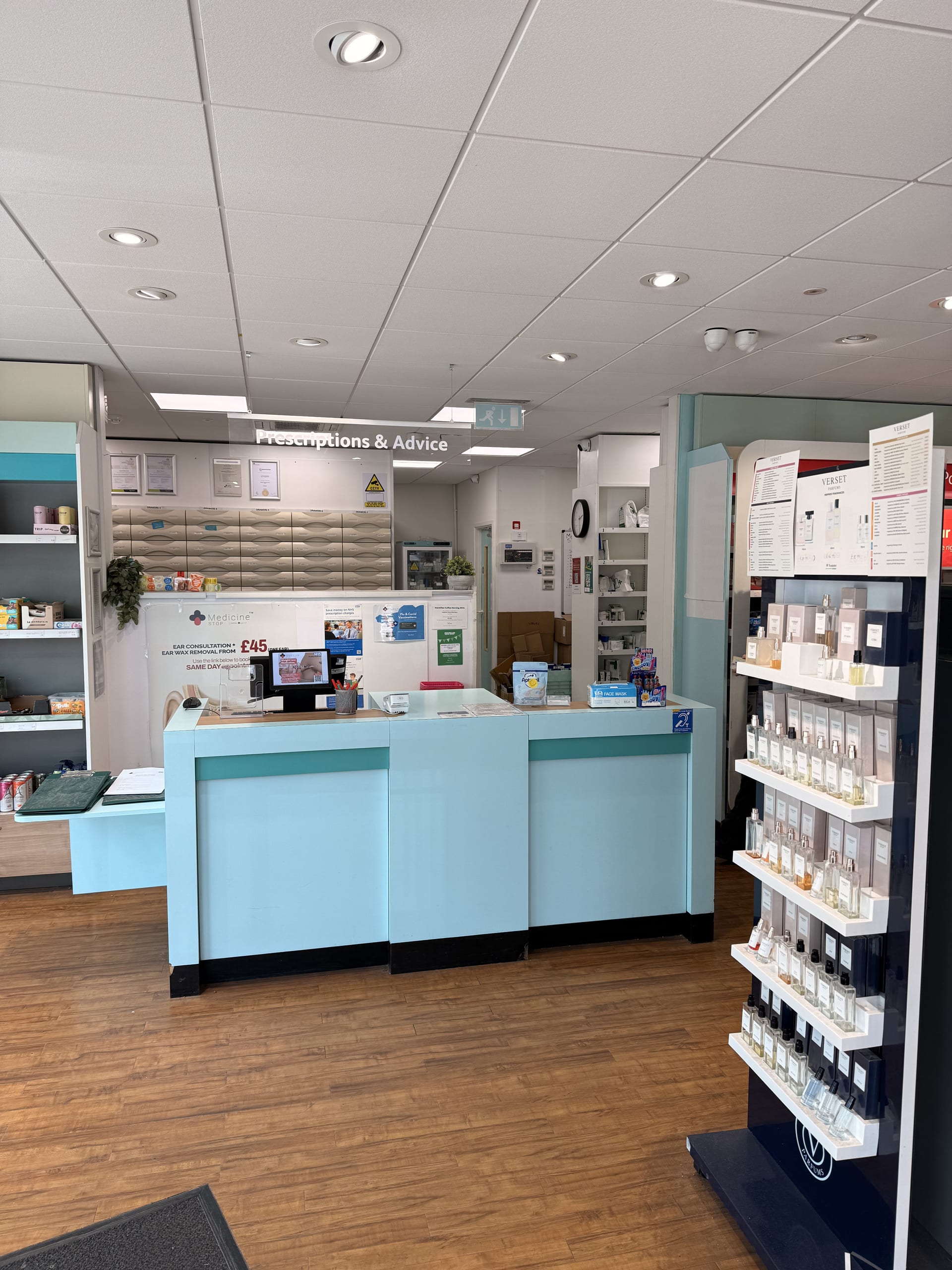 Pharmacy counter at Medicine Stop.